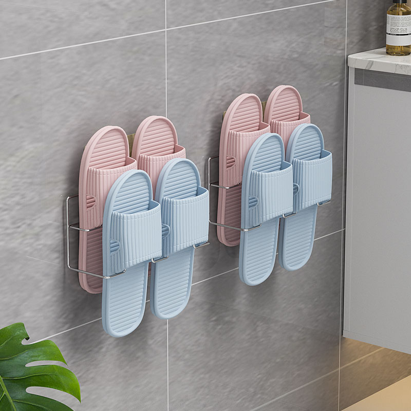 乐贴卫生间拖鞋架浴室免打孔不锈钢壁挂双层厕所门口放挂架置物架-图0