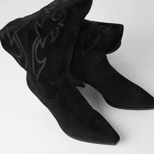 ZARA DTM尖头长靴女不过膝刺绣单靴新款高跟靴高筒西部牛仔骑士靴