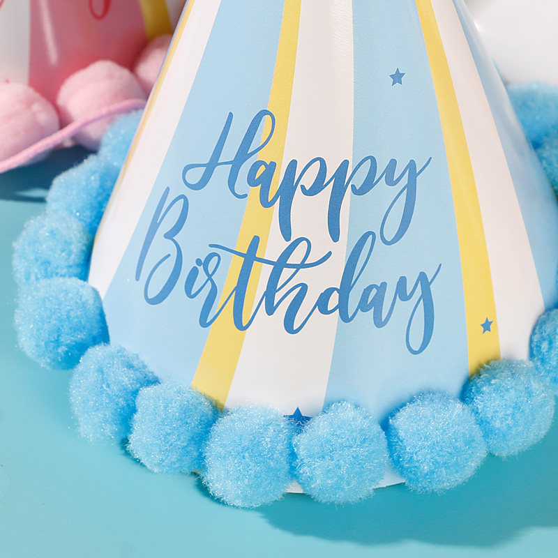 生日帽儿童宝宝周岁派对帽装饰毛球帽卡通彩色条纹百事可爱尖角帽,淘宝优惠券,粉丝福利购,淘宝优惠卷