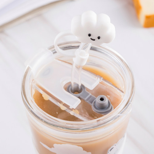 JUMPINJOK 可爱云朵熊吸管杯简约森系玻璃杯带盖可爱少女学生杯子 - 图2