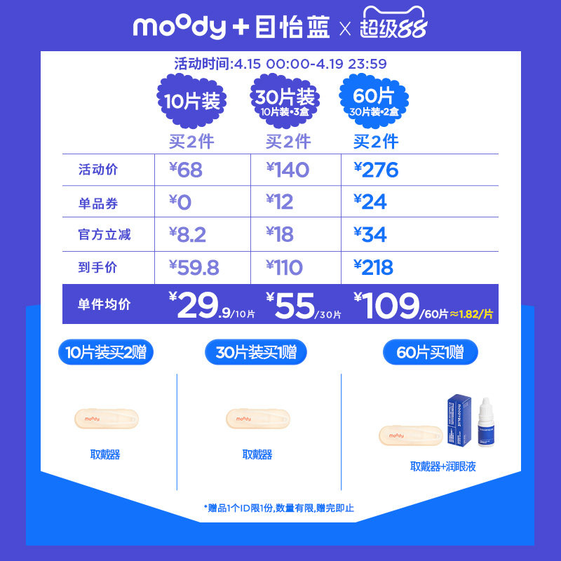 moody日抛M系列透明片近视男女10片30片MOODYBLUE