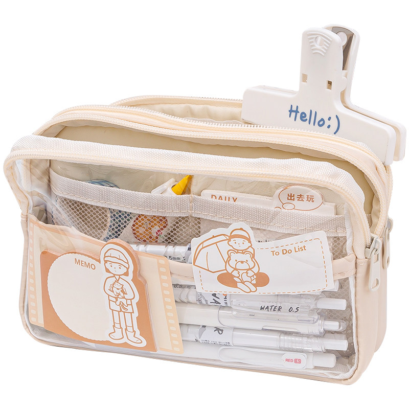 三层大容量透明笔袋女孩版初中生铅笔盒女童小学生高中学生女生高颜值小众2024年新款简约ins风文具盒女款