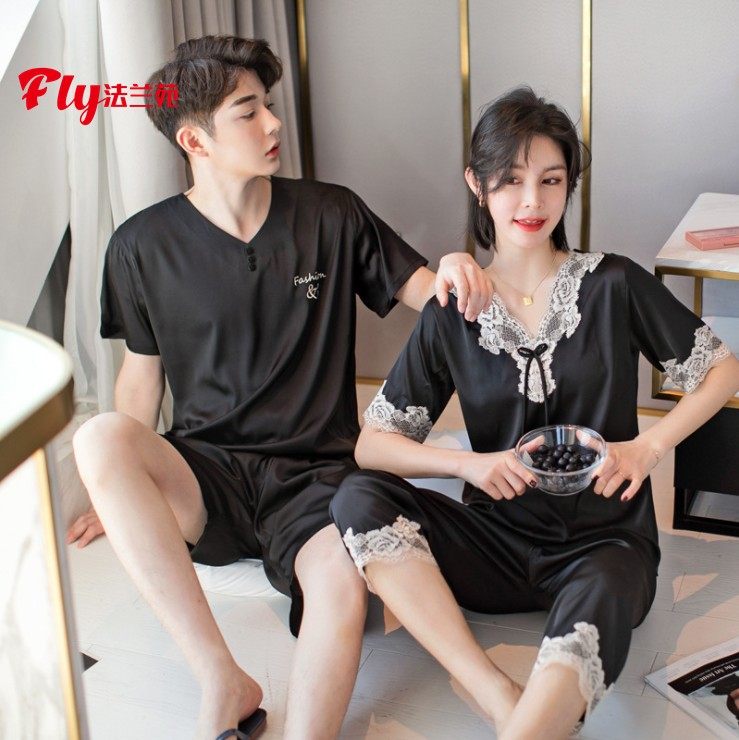 桑蚕丝夏季新款情侣透气蕾丝边睡衣 法兰苑睡衣/家居服套装