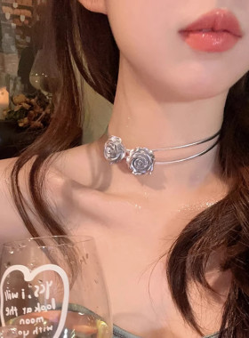 银色玫瑰花朵choker项圈女颈环皮革双层项链脖子配饰锁骨链颈链潮