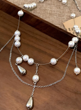 轻奢多层珍珠项链女水滴吊坠银色链条叠戴设计师款温柔风