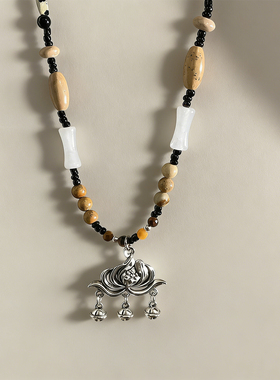 新中式祥云莲花平安锁项链女2026年新款民族风铃铛锁骨链复古配饰