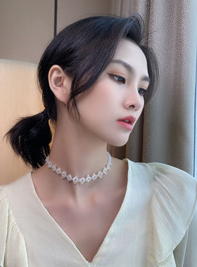 韩国东大门简约冷性风水晶串珠项链短款发带蕾丝系边颈链女