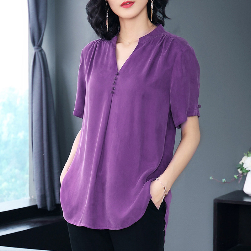 铜氨丝2022夏轻奢短袖t恤大码衬衣 珠睿衬衫