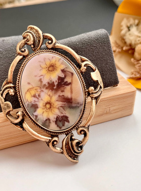 复古贝壳印花胸针双用吊坠天然贝壳光泽vintage brooch 青岛外贸