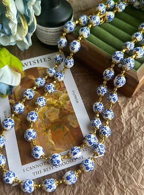 复古青花瓷陶瓷珠白配蓝花 项链毛衣链手串耳钩套装青岛外贸饰品