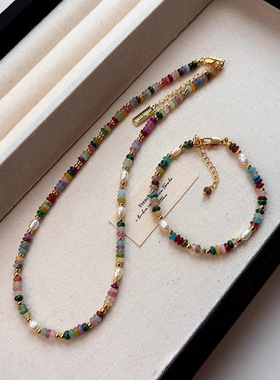 淡水珍珠复古多巴胺彩色天然石项链女轻奢复古自然石彩色水晶项链
