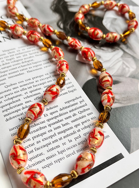 复古红色圆珠琉璃项链耳饰手链正红配绛红 春节搭配饰品 经典简约