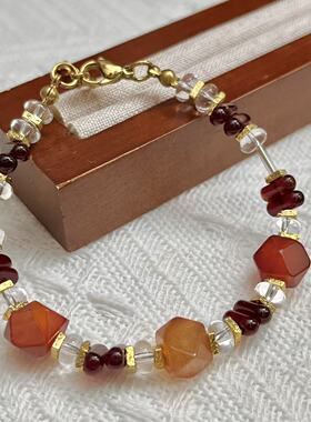 复古切面红玛瑙白水晶项链手链套装原创设计异形天然石高级感配饰