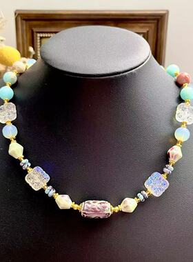 复古寿山石配琉璃陶瓷异形珠项链手链套装清新天然石高级配饰青岛