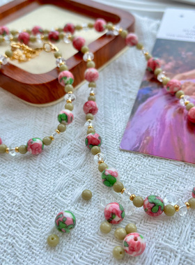 复古雨彩石配阿拉善牛油果珠子白水晶项链 手链套装 夏季不掉色