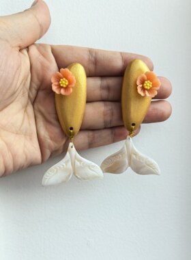 复古金色花朵美人鱼耳环木头搭配淡水贝 原创设计小众度假风耳饰