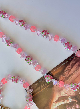 复古穆拉诺蛋糕粉色琉璃配白水晶碎石项链手链耳扣秋冬饰品高级感