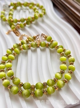 复古荧光绿多切面猫眼项链 猫咪琉璃夏季清新风项链 青岛中古饰品