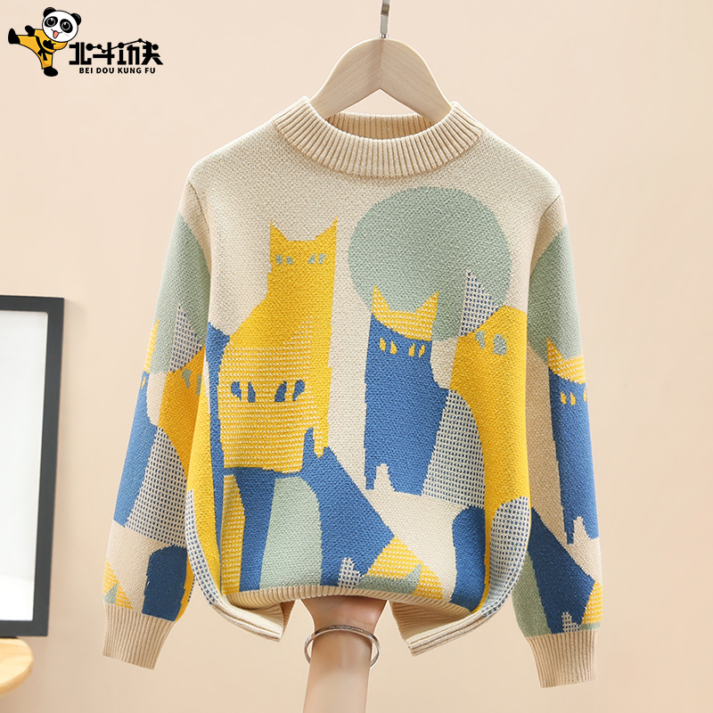 新款男童毛衣纯棉套头儿童韩版线衣中大童冬季加绒加厚宝宝洋气潮 - 图0