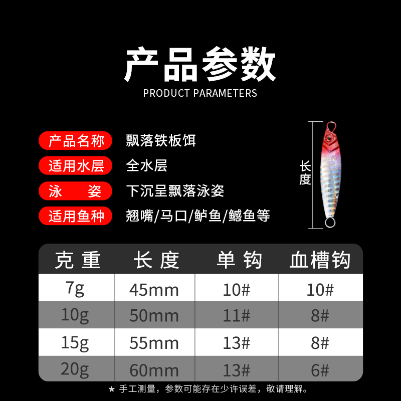 鱼鳞纹小铁板路亚饵超远投飘落假饵海钓单双钩vib鱼饵鲈鲅鱼翘嘴 - 图3