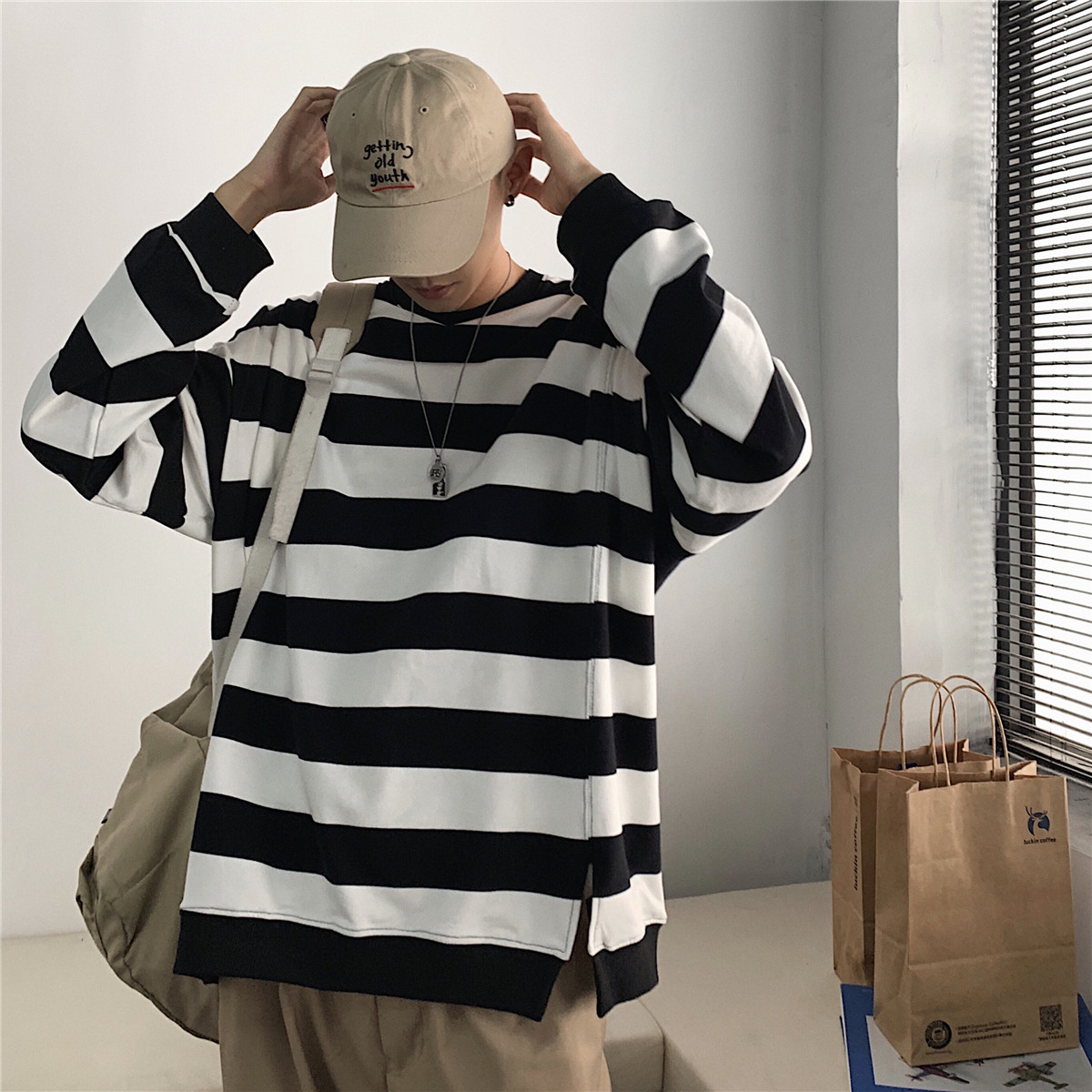 条纹套头男港风韩版潮流宽松卫衣 vhs卫衣