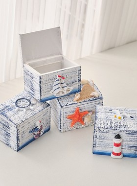 海洋风海底小木箱装饰摆件地中海风格沙滩木盒子创意摆台道具定制