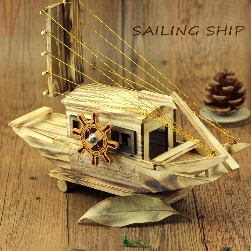 木质一帆风顺木船创意桌面八音盒 御坭斯工艺船
