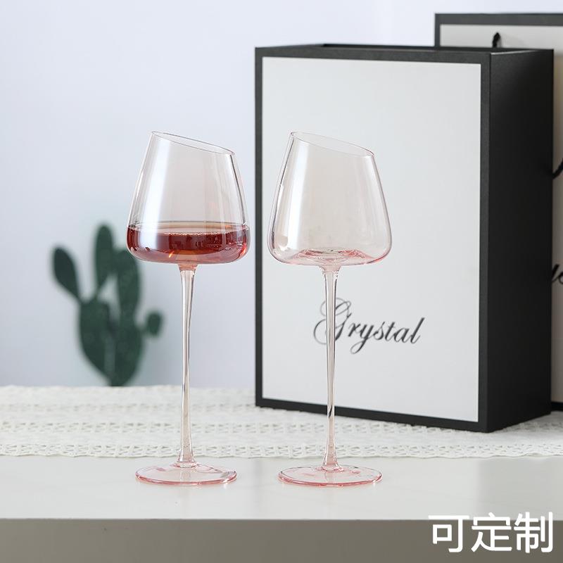 斜口粉色红酒杯水晶玻璃高脚杯轻奢风高颜值葡萄酒杯礼物礼盒装 - 图0