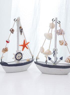 地中海风格贝壳裂纹小船摆设木质模型小摆件儿童创意手工艺船