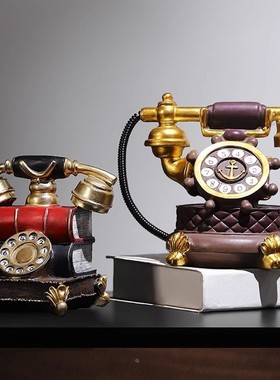 复古电话机模型钟表摆件创意书房咖啡馆餐厅时钟座钟装饰品服定制