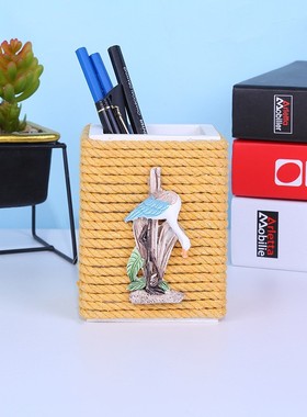 地中海风格创意笔筒家居装饰品棉绳木质工艺品书房书桌收纳盒定制