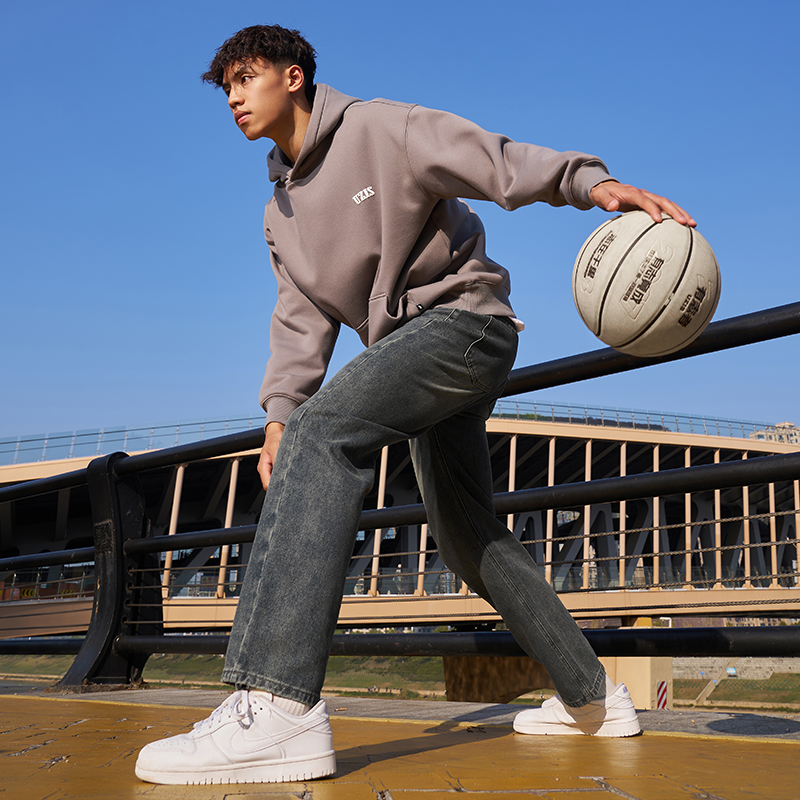 有志者UZIS直筒运动牛仔裤男秋冬休闲宽松复古水洗做旧阔腿裤逍遥