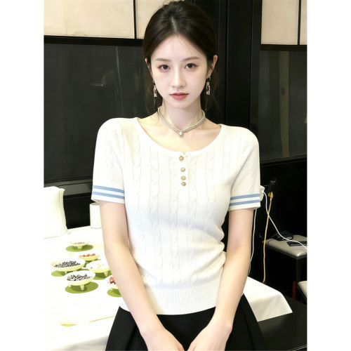 韩系复古麻花条纹正肩t恤女短袖夏季薄款修身显瘦冰丝针织衫上衣 - 图2
