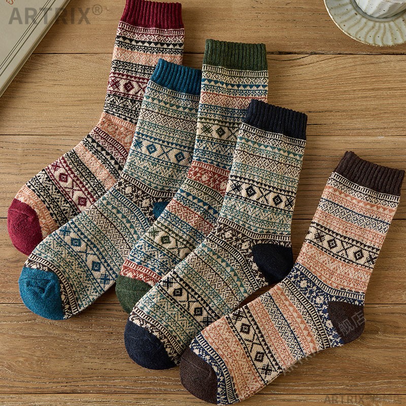 冬季花袜子男长筒袜男士民族风冬款厚粗线保暖加厚百搭ins潮中筒 - 图2