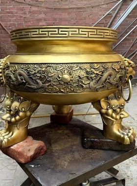 适用家用黄铜香炉室内供香铜炉寺庙大号三足双龙戏珠铜鼎佛a1246