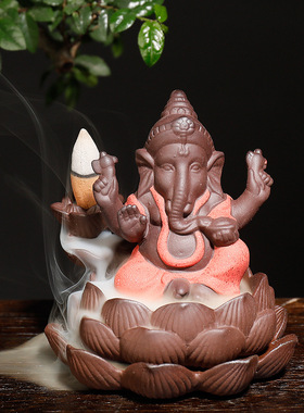 新品原创紫砂印度象神莲花檀香烟倒流香薰炉家居东南亚工艺品摆件