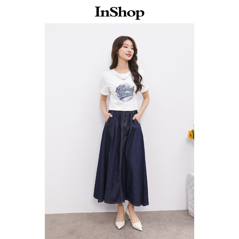 【商场同款】INSHOP新款可拆卸链条短袖t恤女创意地球印花上衣 - 图0