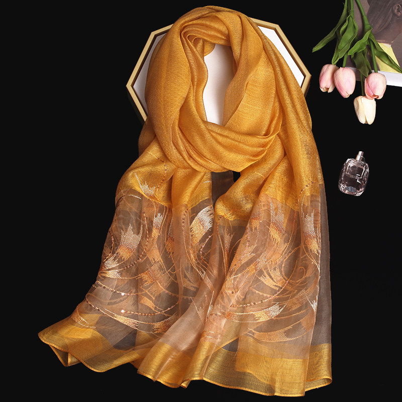 正品杭州丝绸真丝羊毛混纺精致绣花女长款丝巾经典披肩围巾杏色,淘宝优惠券,粉丝福利购,淘宝优惠卷