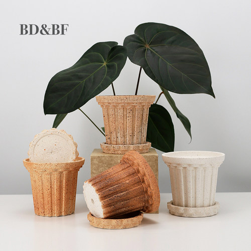 BD&BF 圣家堂系列粗陶土花盆复古家居法式轻奢高级感家用小含托盘 - 图1