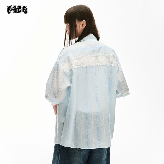 F426 back lace hollow striped short-sleeved shirt