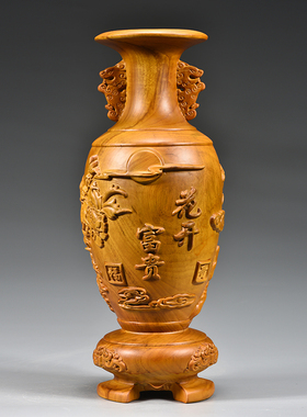 香樟木雕花开富贵花瓶摆件工艺品