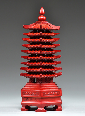 红色桃木质雕刻9层文昌塔摆件