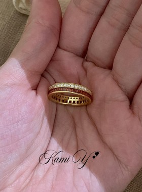 中古红宝石排钻金色戒指女精致