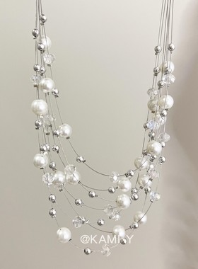 重工多层珍珠流苏项链耳环