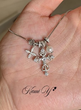 中古Vintage闪钻蕾丝十字架项链