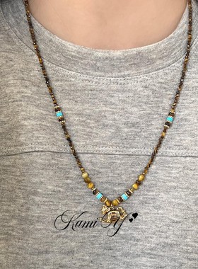 美拉德风虎眼石串珠小马吊坠项链