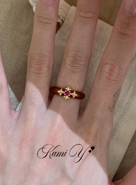 中古鸢尾花红宝石戒指女复古精致