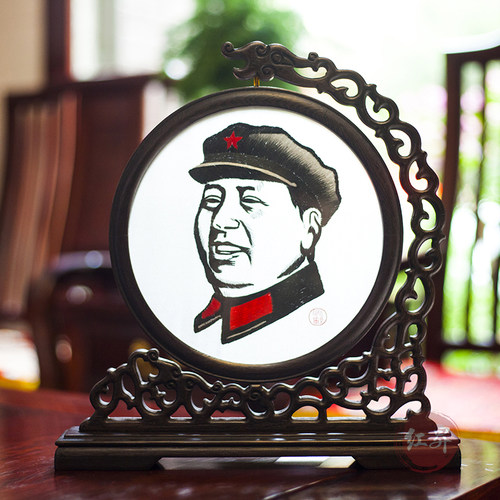毛爷爷头像湘绣摆件真丝桑蚕丝刺绣纯手工自绣实木工艺品家居摆件 - 图1
