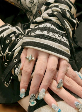 EBXBZ复古宫廷风银戒指女蓝宝石镶嵌开口戒指古董首饰