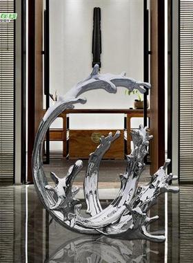 创意装置玄关艺术不锈钢水浪雕塑抽象飘带浪花大型摆件定制